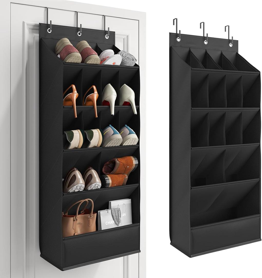 Over the Door Shoe Organizer with Large Deep Pockets, Shoes Rack for Closets' Door, Hanging Shoe Rack for Closet Organizers & Storage, Behind the Door Narrow Shoe Holder for Shoes, Black