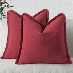 MIULEE Decorative Throw Pillow Covers Neutral Linen Fringe Throw Pillows Set of 2 Burgundy Boho Farmhouse Cushion Covers with Tassels for Couch Sofa Bed Living Room Spring Home Decor 18x18 Inch
