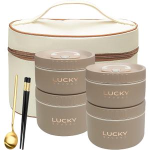 Portable Insulated Lunch Container set, Bento Box Adult Lunch Box Set with Insulated Lunch Bag, 4 Separate Stackable Thermal Food Lunch Container for Adult, Brown
