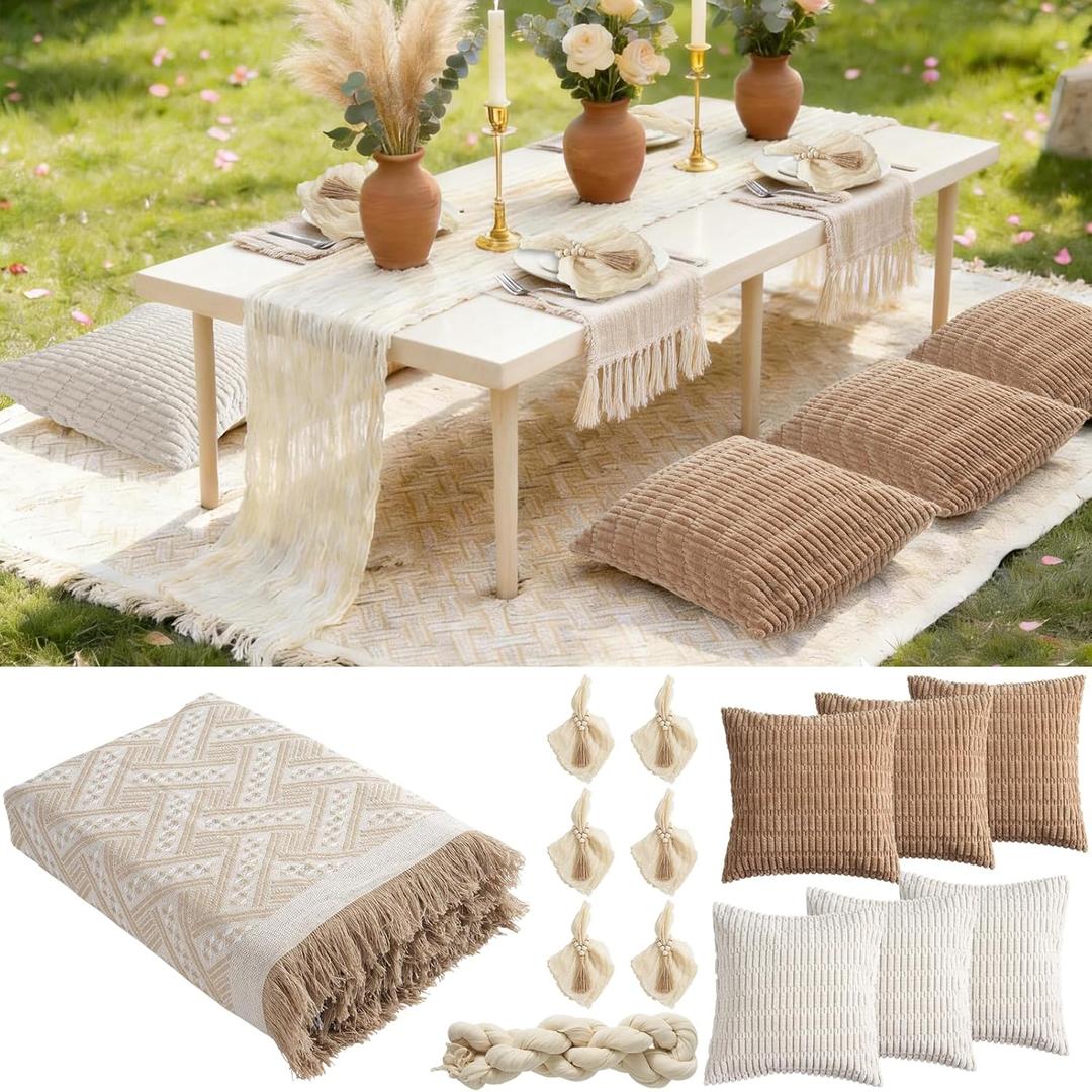 91x 71 Extra Large Outdoor Boho Picnic Blanket with 6 Throw Pillow Covers, Beige white White Table Runner, 6 Napkins, 6 Napkin Rings, Cotton Yarn Oversize Beach Blanket for Outdoor Party Camp Wedding