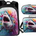 Shark School Backpack for Teens Kids Kindergarten Elementary Middle School Ocean 3-Pcs Bookbag, Shark Back Pack for Boys Girls Children Animal Book Bag, Small Modern Bag, One Size