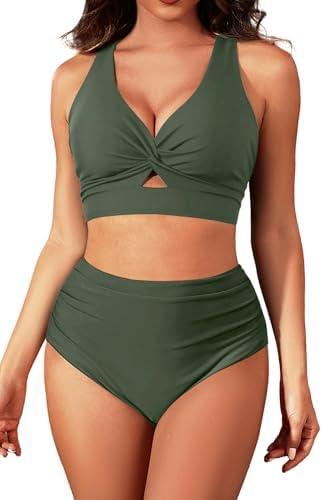 Tempt Me Women Two Piece Swimsuits High Waisted Bikini Set Tummy Control Bathing Suits Knot Twist Cutout Swimwear size S