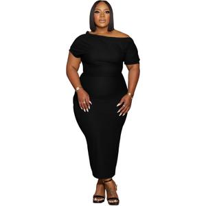 YeGine Women Plus Size Bodycon Long Dress Off Shoulder Sexy Slim Elegant Dresses (5X-Large Plus, Black)