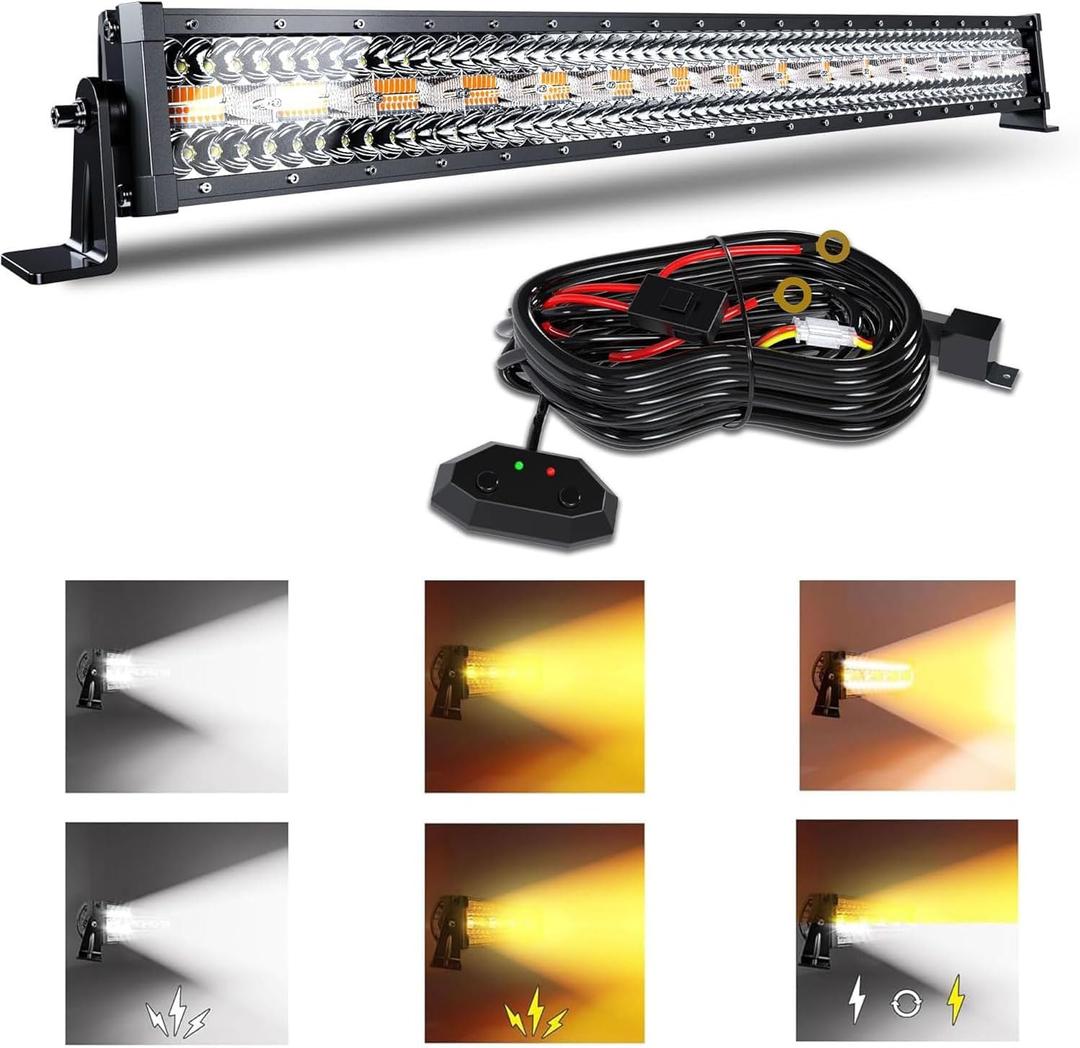 32 Inch 180W LED Light Bar White/Amber Flasing Strobe Light with Six Modes Driving Fog Lights Spot Flood Combo Beam Bumper Lights with Switch Wiring Harness for Offroad Truck 4WD SUV ATV UTV