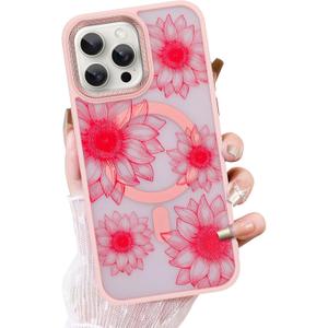 OOK Pink Case Design for iPhone 16 Pro Case [Compatible with MagSafe], Cute Sunflower Floral Blooms Design Frosted Shockproof for Women Girls Magnetic Phone Cover - Pink Flower