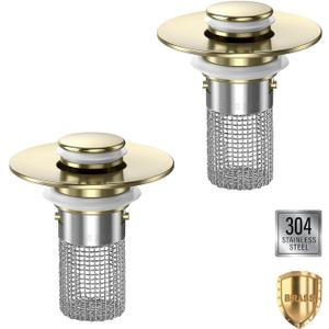 Sink Stopper Hair Catcher(2PCS), Pop-up Sink Drain Strainer with Removable Stainless Steel Strainer Basket Hair Catcher, Bathroom Sink Strainer for Bathroom Sink Stopper Replacement(Brushed Gold-2PCS)