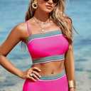 Herseas Women's Color Block Bikini Set 2025 Strapless Bandeau High Cut Padded Stripe High Waist Two Piece Bathing Suit Rose Red XX-Large 