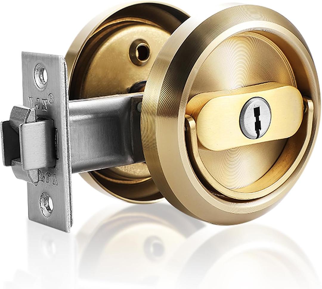 Pocket Door Lock with Key, Round Recessed Pocket Door Latch with Hidden Pull Ring, 2-3/8" Backset (1 Pack Gold)