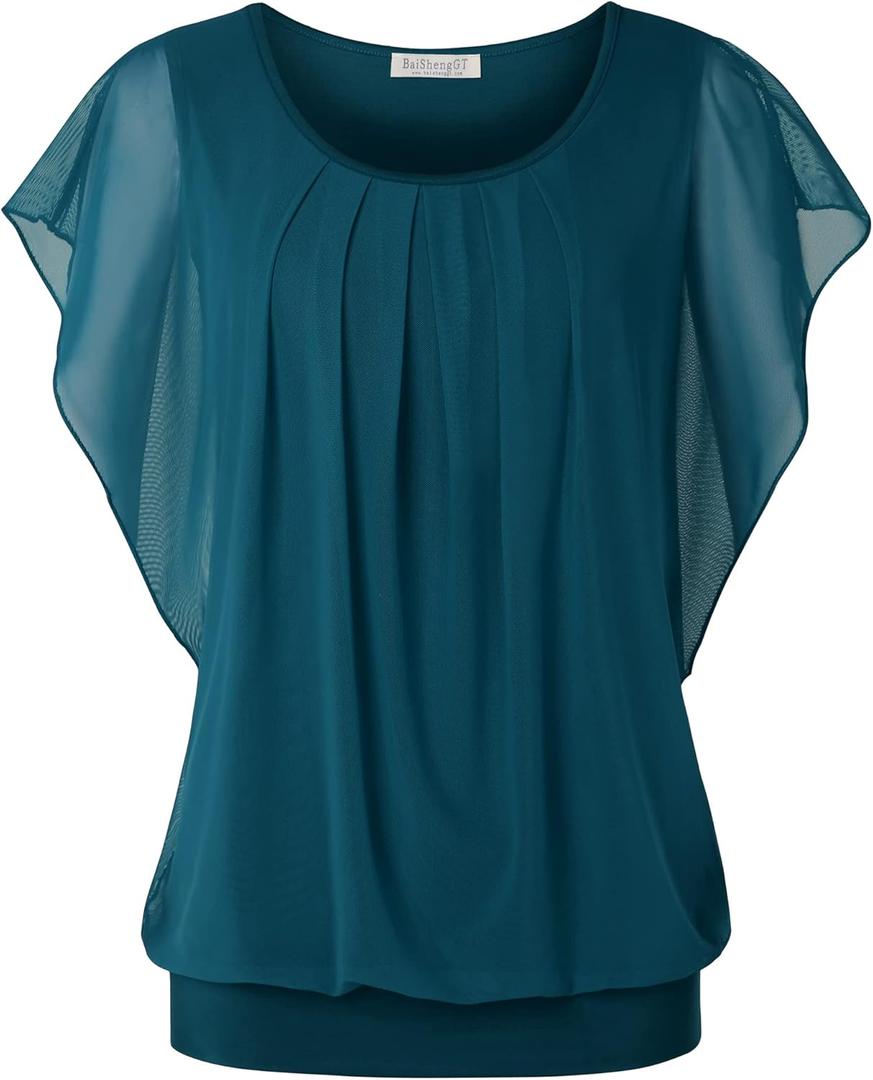 BAISHENGGT Womens Summer Tops Flutter Short Sleeve Pleated Front Mesh Shirts Dressy Casual Blouses (Large, Turquoise-solid)