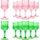LemonRoad 12 Pcs Pink and Green Plastic Wine Glasses Holiday Party Vintage Plastic Goblets Drinking Glasses for Wedding Reception Bridal Showers Grand Event Party Supplies