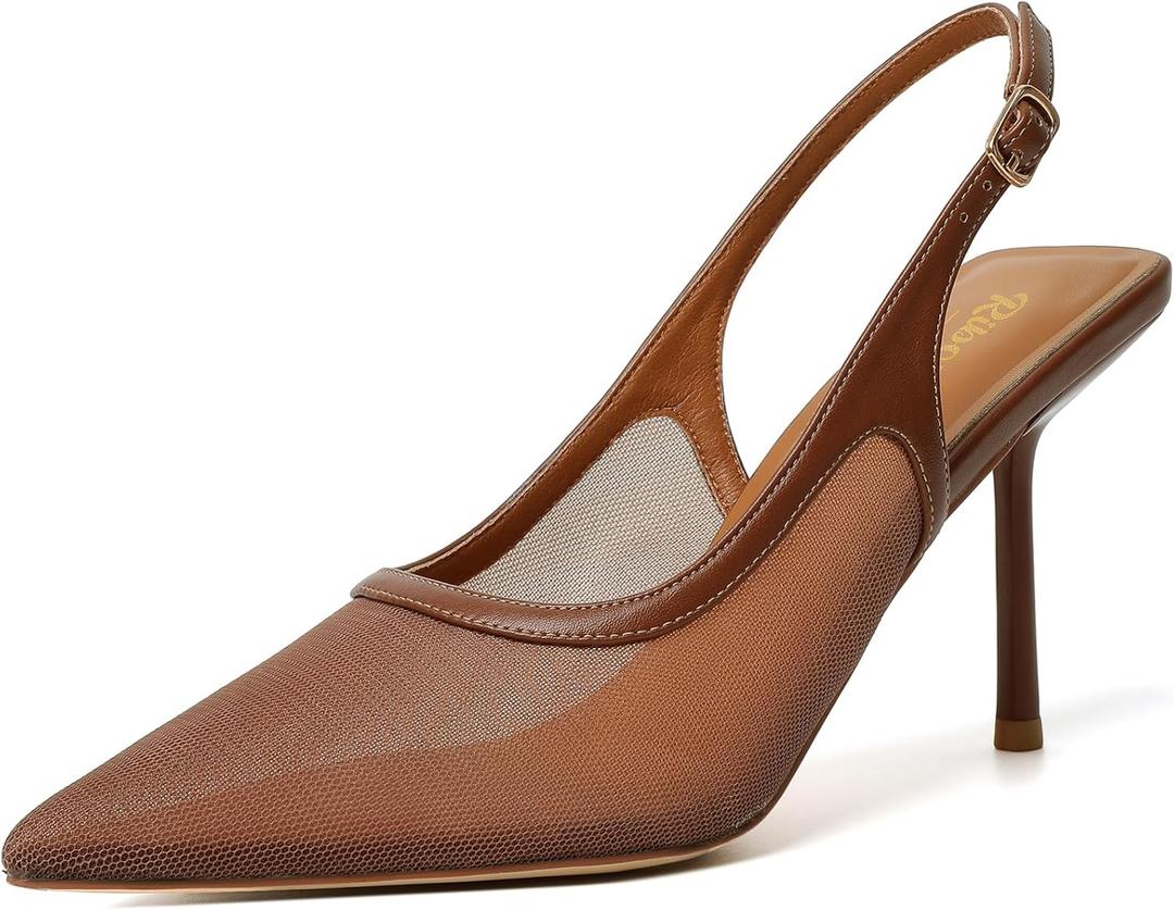 RIBONGZ Sexy Slingback Pumps Elegant Dressy Heels for Women Closed Toe Pointy High Heels Wedding Bride Prom Party Evening Shoes (7.5, Brown Mesh)