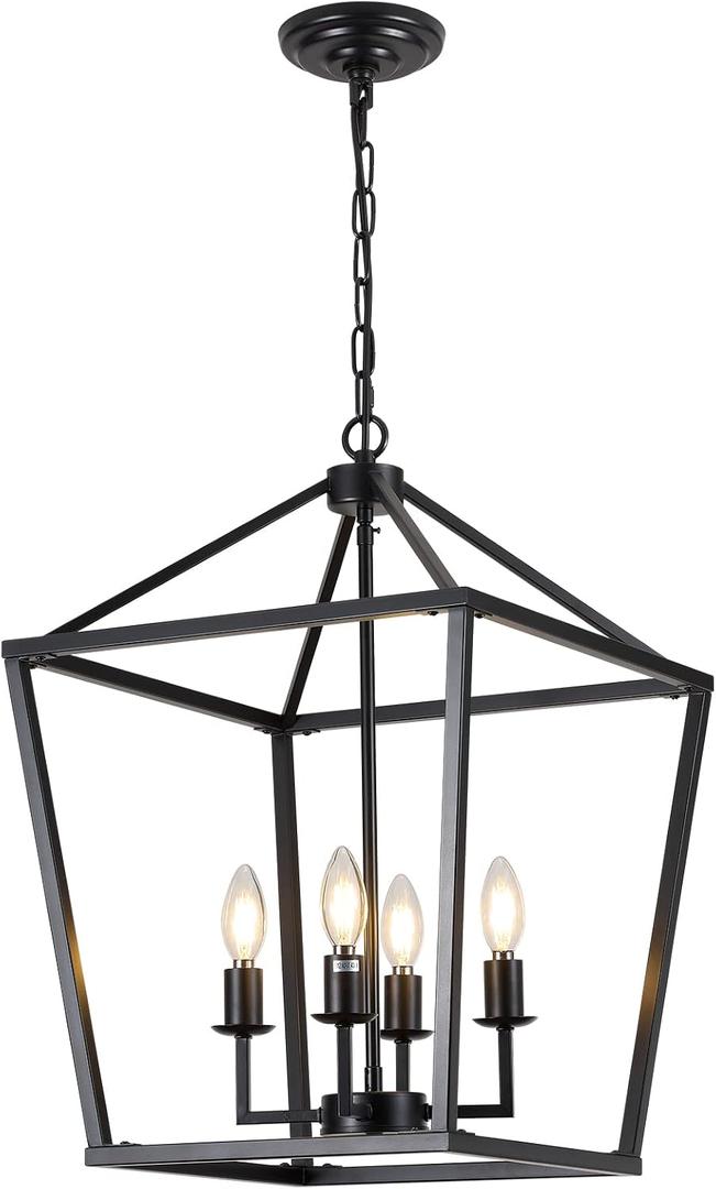 15.75" Black Farmhouse Chandelier for Dining Room, 4-Light Large Lantern Pendant Light Fixture Industrial Vintage Iron Cage Hanging Light for Entryway Kitchen Island Foyer