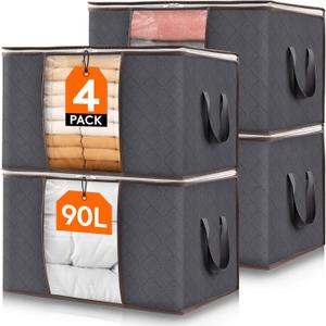 Lifewit 4 Pack 90L Clothes Storage Bins with Lids, Foldable Blanket Storage Bags with Zippers, Clear Window and Reinforced Handles, Closet and Organization for Clothing, Sweater, Comforter, Bedding