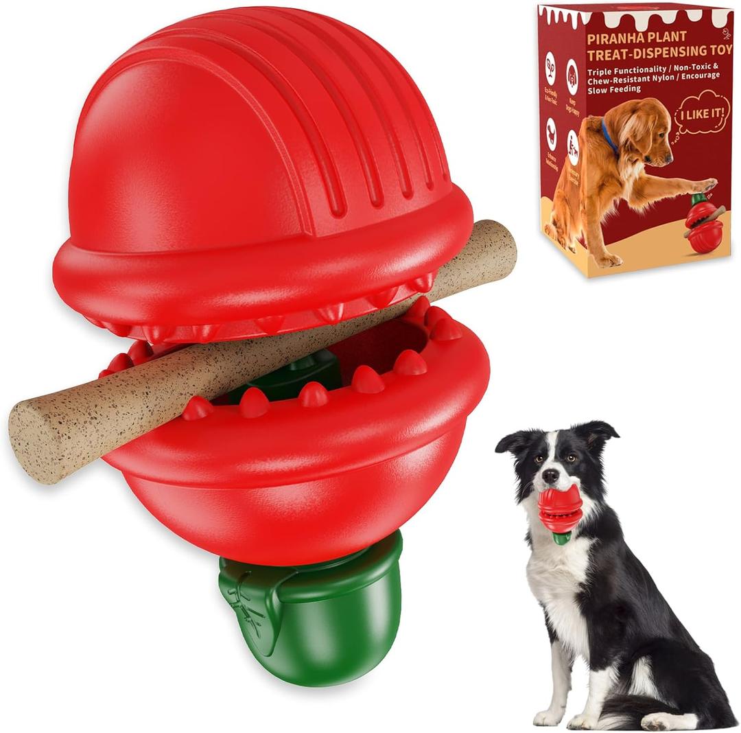 Dog Chew Toy with Bully Stick Holder, Non-Toxic Durable Interactive Puzzle Toy for Slow Feeding, Teeth Cleaning, and Training, Suitable for Large, Medium, Small Dogs, Red