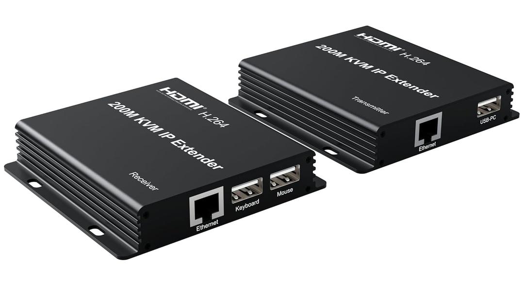 200M KVM IP Extender, Over RJ45 cat5e/6 1080P HDMI USB KVM Ethernet Extender one to Many by Gigabit Switch for PC DVR Loptop Support Mouse Keyboard Support Touch Screen Function (TX + RX)