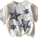 RoseSeek Girl's Geometric Star Graphic Tee Tops Casual Summer Short Sleeve Crew Neck T Shirt