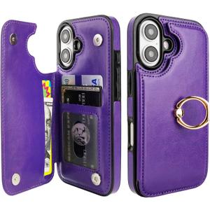 ONETOP for iPhone 16 Wallet Case with Card Holder, 360 Rotation Ring Kickstand RFID Blocking PU Leather Double Magnetic Clasp Shockproof Cover for Women and Girls 6.1 Inch (Purple)
