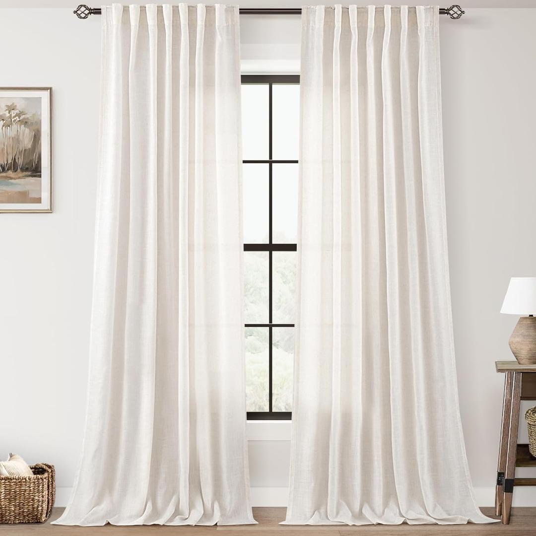 2 Panels Set Cream Linen Curtains 108 inches Long For Living Room Neutral Rustic Farmhouse Light Filtering Semi Sheer Linen Drapes 108 inch Ceiling To Floor For Large Window Villa Hallway Ivory 9 FT (Natural)
