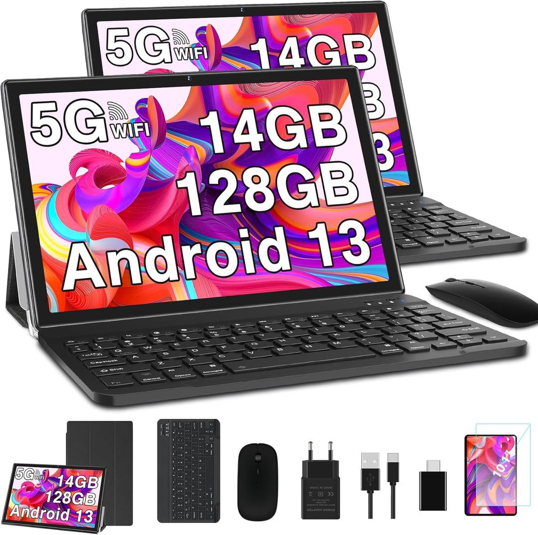 2025 Android 13 Tablet 10 Inch, 5G WiFi 14GB RAM+128GB ROM(1TB TF), 2 in 1 Tablet with Keyboard Mouse Case Octa-Core 2.0Ghz | 8000mAh | 1080FHD | Bluetooth5.0 | WiFi GPS OTG Type C-Blue, 1 Pack