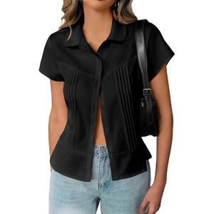 Cicy Bell Womens Short Sleeve Button Down Shirts Pleated Slim Fit Summer Dressy Casual Blouses, L, Black
