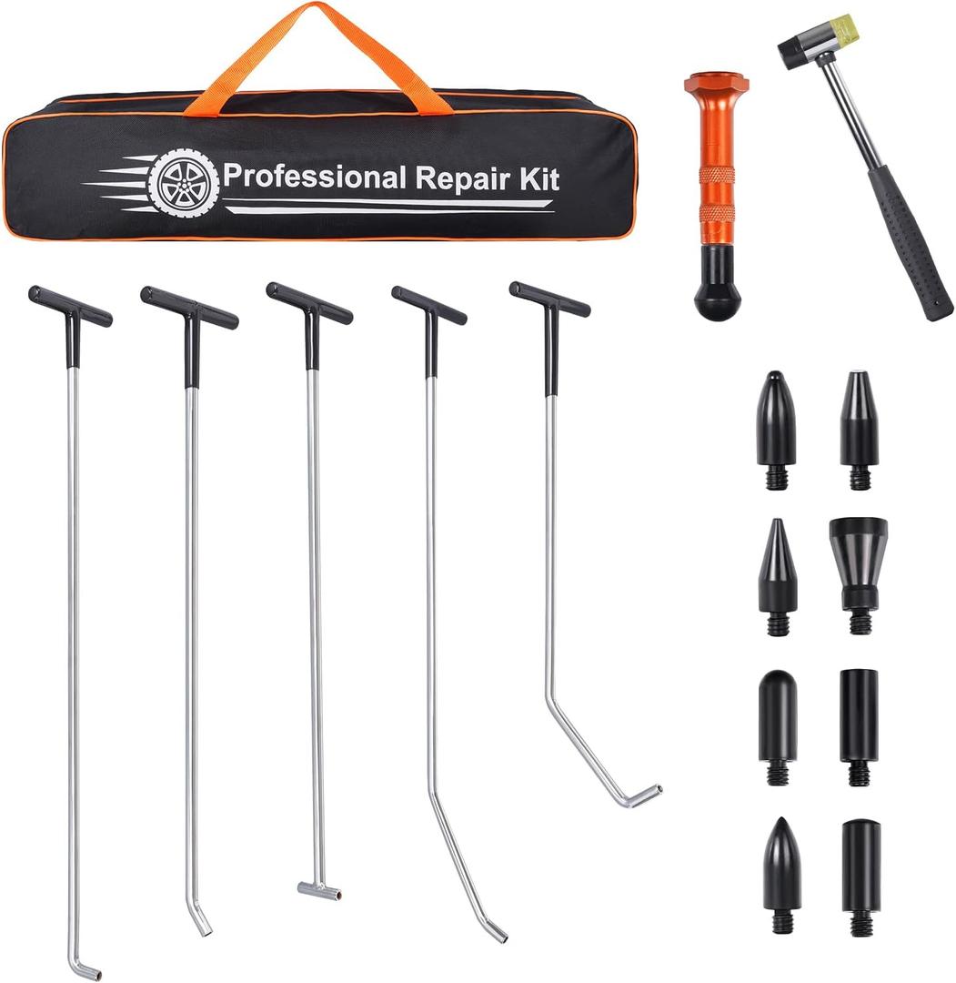 Dent Repair Rods 16PCS Dent Removal Kit, Stainless Steel Dent Removal Rods with Rubber Hammer and 9 Replaceable Taper Head for Car Dent Repair