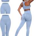 3 Piece Workout Sets for Women Butt Lifting Leggings with High Impact Sports Bra Gym Shorts (Medium, Light Blue)