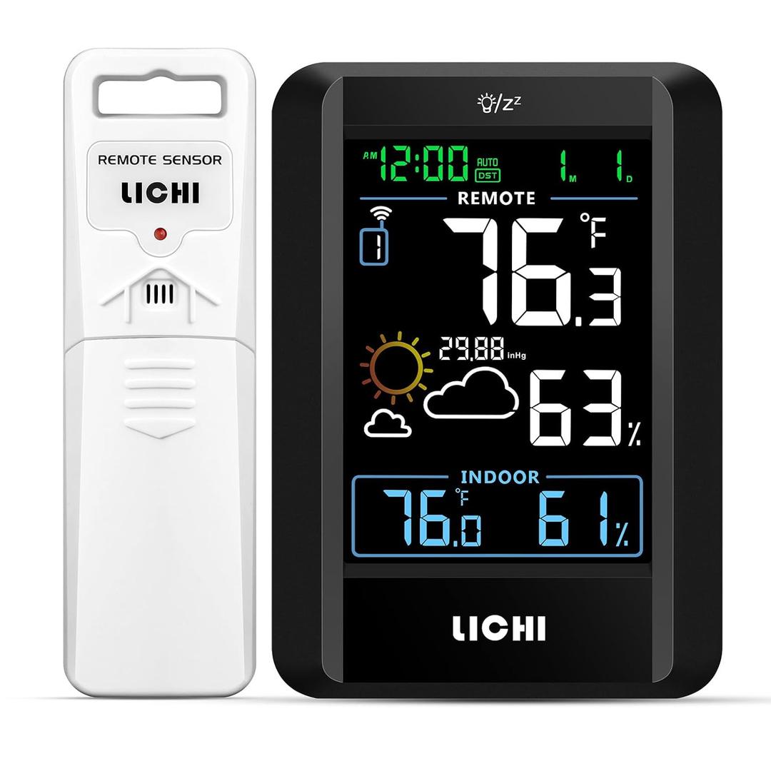 Indoor Outdoor Thermometer Wireless Weather Station External Thermometer Hygrometer Monitor with 330ft Range Remote Sensor, Battery Operated Backlit Display (Colorful)