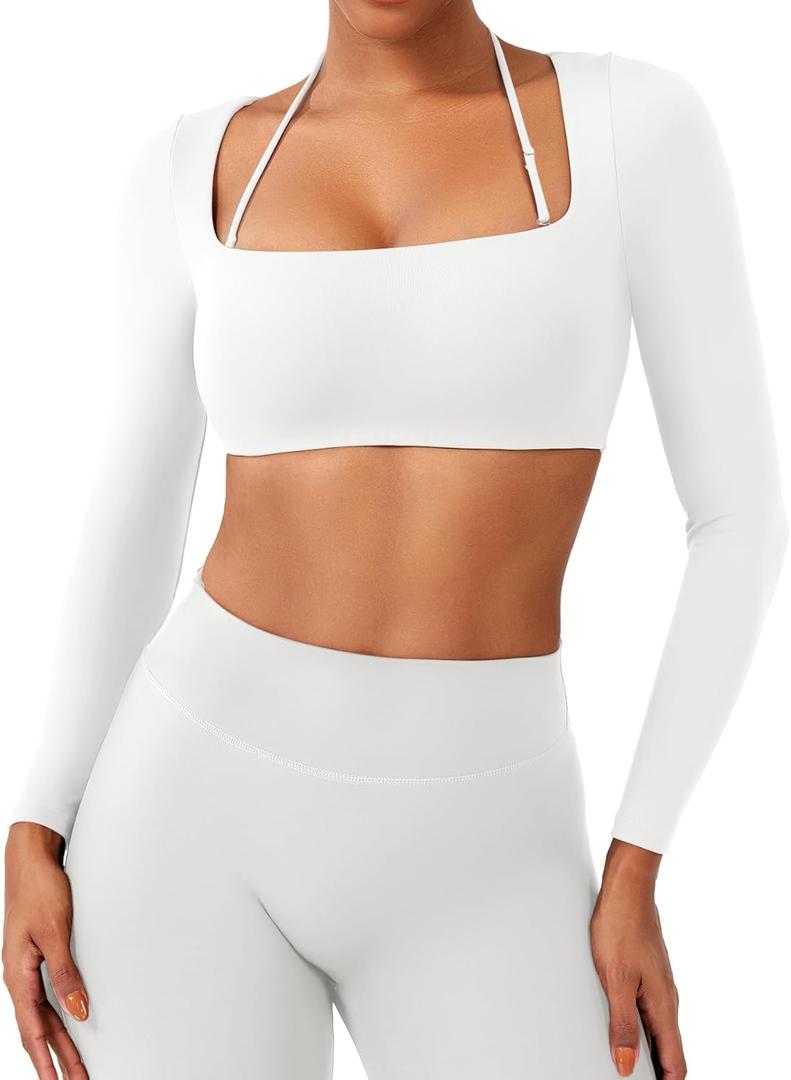 YEOREO Long Sleeve Crop Tops for Women Square Neck Workout Yoga Cropped T Shirt Top Padded Halter Neck with Detachable (Medium)
