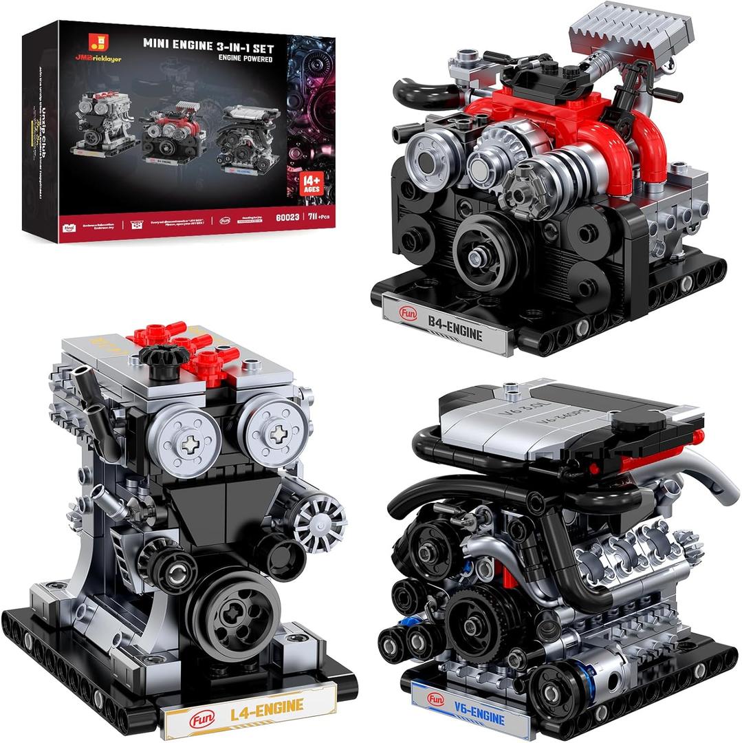 JMBricklayer V6 L4 B4 Engine Model Kits that Works, 3-in-1 STEM Mechanical Car Engine Building Blocks for Adults & Teens, DIY Engine Toy, Home or Office Display, Mini Engineering Construction Gifts