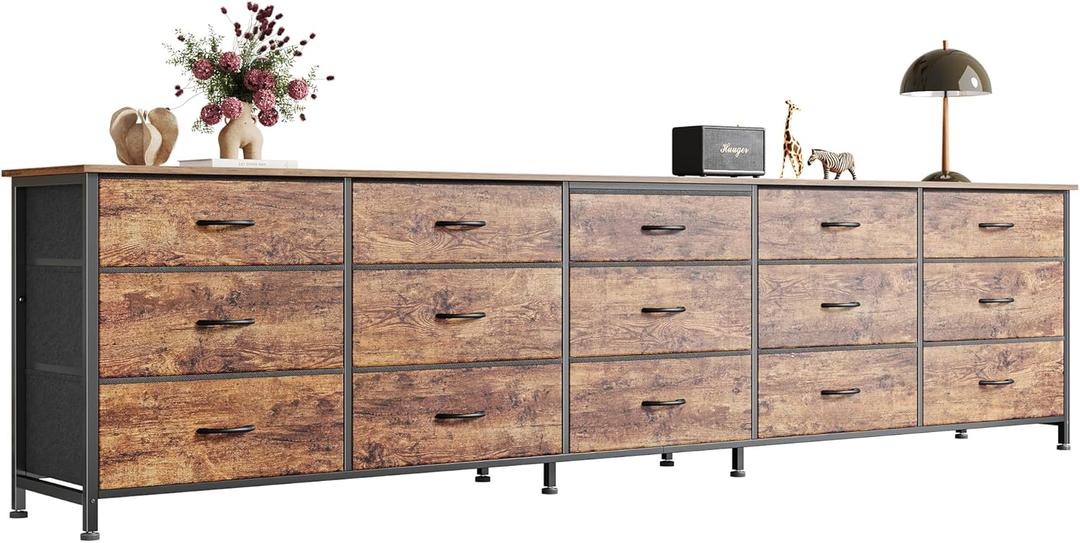 Huuger 86.6 Inch Dresser for Bedroom, TV Stand for 65, 75, 85 Inch TV, 15 Fabric Drawer Long Dresser, Large Entertainment Center for Bedroom, Wide Chest of Drawer with Storage, Rustic Brown, 11.8"D x 86.6"W x 26.8"H