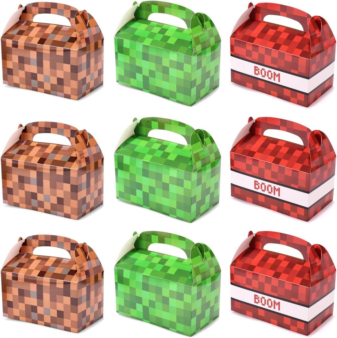 18pcs Pixel Theme Gift Box Bags, 3 Colors Video Game Goodie Theme Gift Treat Boxes with Handle Foldable Pixel Goody Party Favors for Boys Girls Birthday Decorations Supplies (Green/Brown/Red)