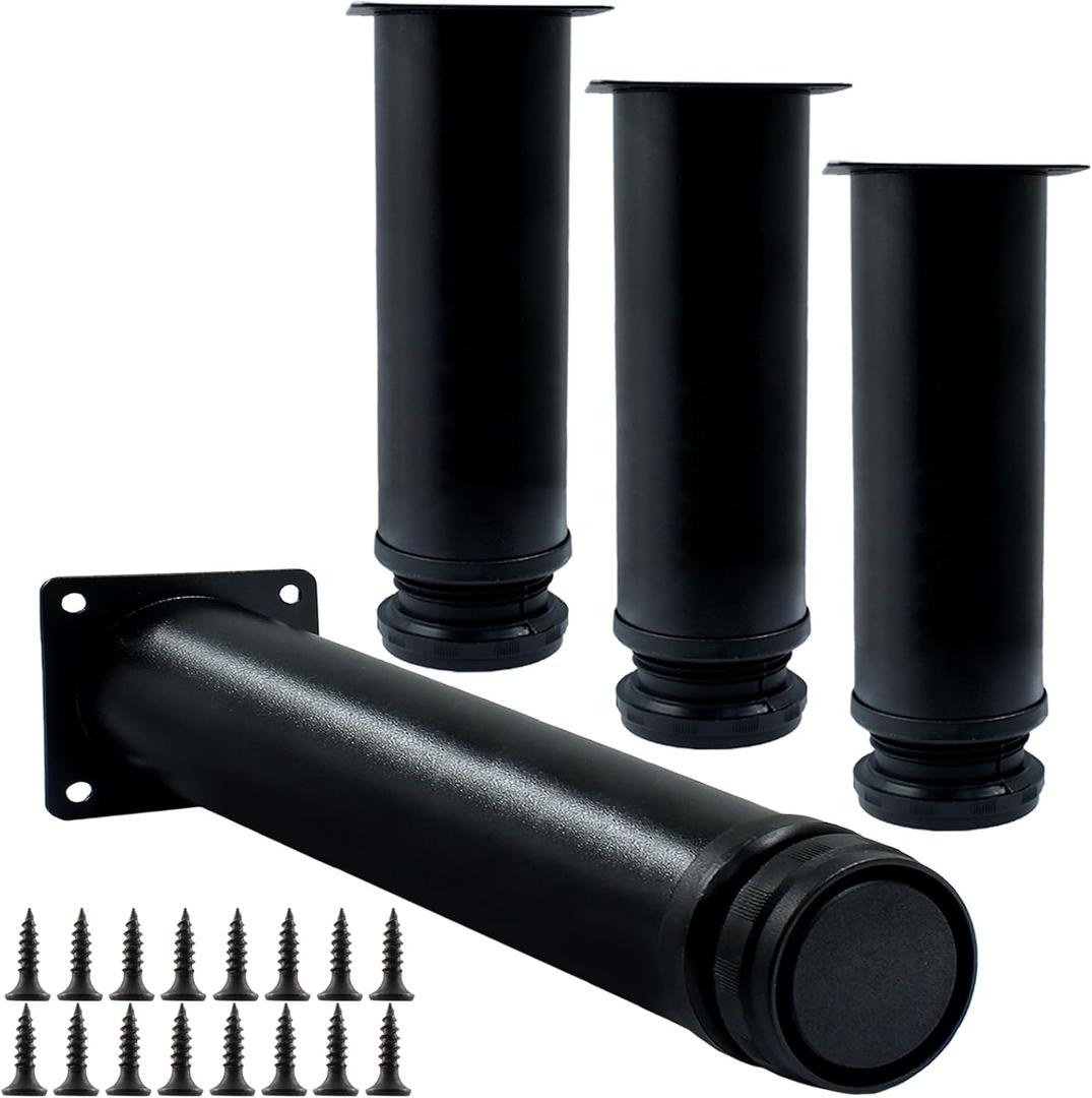 4Pcs 12 Inch / 300mm Adjustable Furniture Legs Stainless Steel Feet, Heavy Duty Table Legs Metal Sofa Legs, Black Desk Legs Dresser Feet for Chair Couch Cabinet (2 Inch Dia Round)