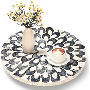 Reallnaive Mother of Pearl Lazy Susan for Table Turntable Organizer Wood Round Spinning Tray Rotating for Kitchen Cabinet Counter Spice Pantry 12 Inch(Floral Pattern)