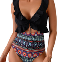 Eomenie One Piece Swimsuit for Women Tummy Control Ruffle Bathing Suit V Neck Ruched Swim Suit Slimming Cutout Swimwear (Large, Black Print)