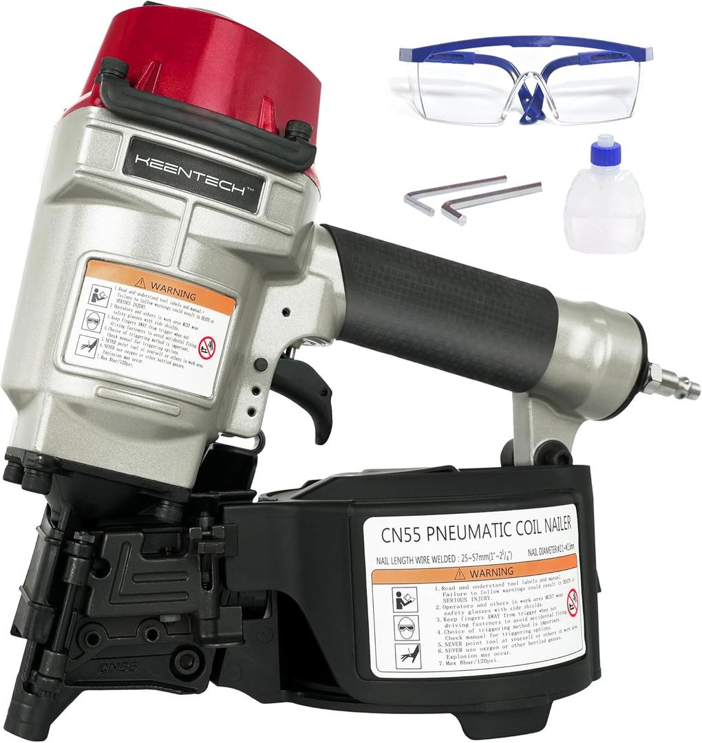 KEENTECH Pneumatic Siding Nail Gun for 1" to 2-1/4" 15-Degree Nails, Coil Siding Nailer with Bump Firing for Fast Nailing Speed, Coil Nail Gun for Pallets, Siding, Crating, Fencing, Decking, CN55