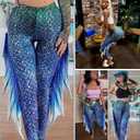 Mermaid Yoga Print Leggings for Women Plus Size Fish Scale High Waisted Pants Halloween Costume Tights (Blue, L)