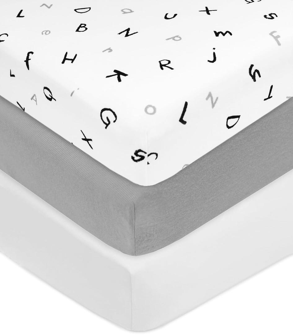 American Baby Company 3 Pack Printed 100% Cotton Jersey Knit Fitted Crib Sheet for Standard Crib and Toddler Mattresses, Alphabet/Gray/White, for Boys and Girls |  28 inches x 52 inches x 9 inches