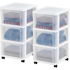IRIS USA Plastic 3-Drawer Storage Organizer Rolling Cart, with Wheels Casters, 2-Pack, for Classroom Art Supplies Bathroom Dorm Bedroom Laundry Room, Slim Narrow, White/Clear