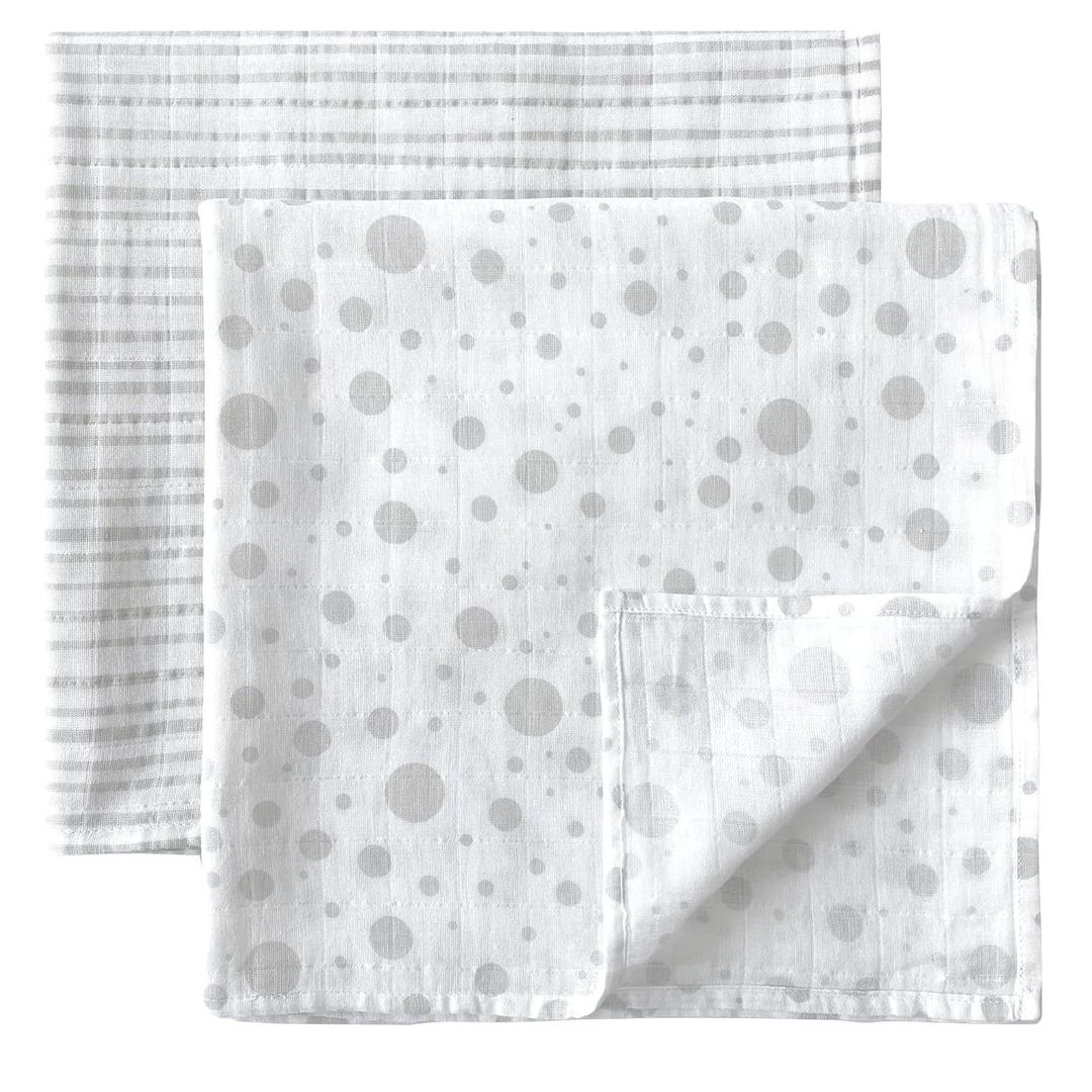 MOZAH Organic Muslin Swaddle Blankets - Stripes & Dots - 2 Pack - for Baby Boy or Girl - Ideal for Newborns, Toddlers & Registry Essentials (X-Large)
