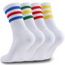 Airpal 4 Pairs Athletic Socks Cotton Cushioned Striped Crew Socks Sports Running Socks for Men Women Teens (US, Alpha, Large, Regular, Regular, White+3 Stripes) (L)