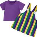 Yccutest Little Toddler Girl Mardi Gras Outfit Kids Short Sleeve T-shirt Adjustable Overall Dress Carnival Clothes For Girls (Purple, 2-3T)