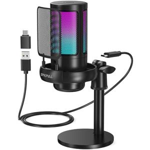 SPKPAL USB Microphone PC, Podcast Microphone w/ RGB Light, Mute Button, Gain Knob PS4/5, Mac, Phone, Gaming Mic w/ Pop Filter, Metal Stand, Headphones Jack Streaming, Recording, Chat (ME6S)