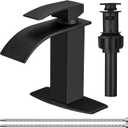 BESy Black Waterfall Bathroom Faucet, Single Hole 1 Hole 3 Holes Single Handle Bathroom Sink Faucet, Vanity Faucet with 6 Inch Deck Plate, cUPC Waterlines, Matte Black with Pop Up Drain