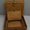 Set of 4 Seagrass Basket with Lid Wicker Storage Basket Decorative Storage Boxes with Lids Flat Storage Bins Woven Organizer Baskets for Shelf Closet Bedroom, 4 Sizes (Brown)
