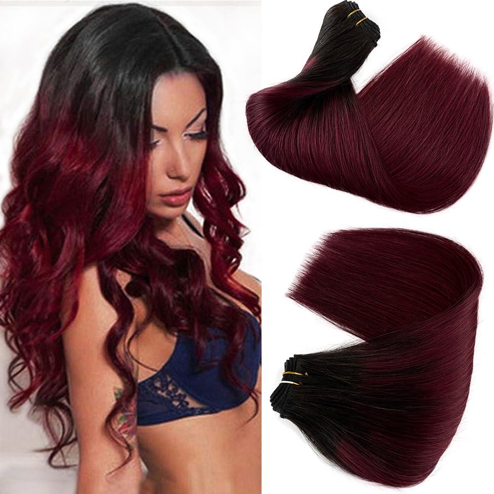 26 Inch Long Sew in Hair Extensions Real Human Hairs Wine Red Bundles 1B99J Burgundy with Dark Roots Hand Tied Weft Hair Bundles 120g Double Weft Silky Straight Ombre Bundle for Women