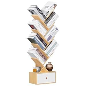SHEEPAM 8 Tier Tree Bookshelf with Drawer, Free Standing Wood Bookcase for Narrow Space, Storage Organizer Bookshelves for Books, Book Case for Home Office, Living Room, Bedroom - Natural