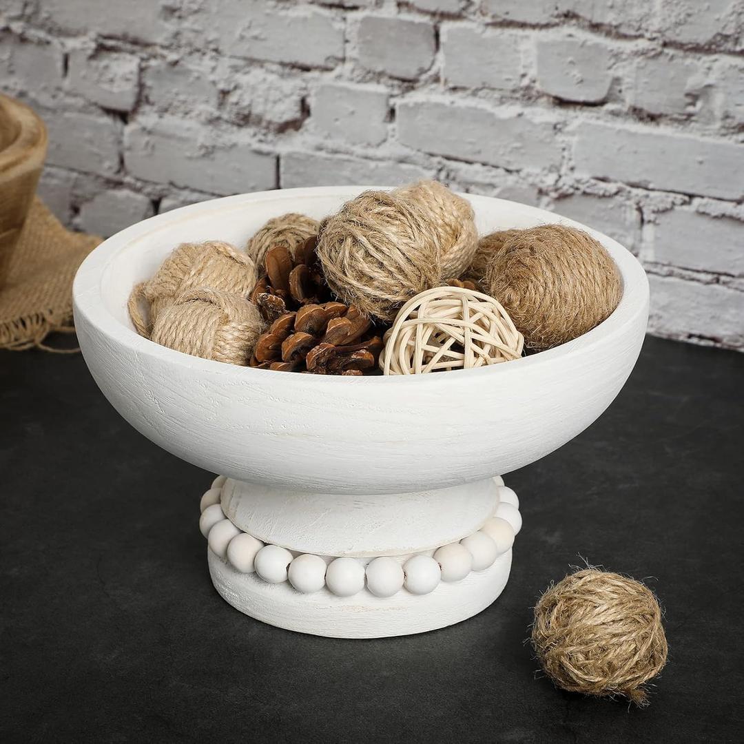 Amyhill Wood Pedestal Decorative Bowl 8 Inch Wooden Distressed Beaded Bowl for Dining Table Centerpiece, Farmhouse, Serving and Home Dcor(White)