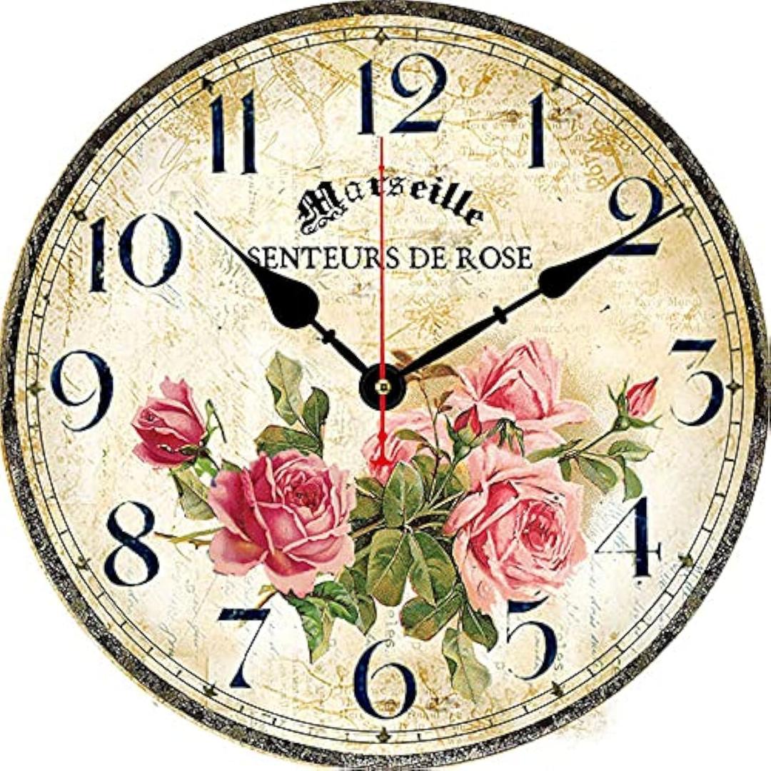 Toudorp Vintage French Floral Wall Clock with Pink Rose Pattern Small Round Silent NonTicking Quartz Movement 8 inches Wall Clocks Battery Operated Home Flower Decorative for Bedroom,Living Room