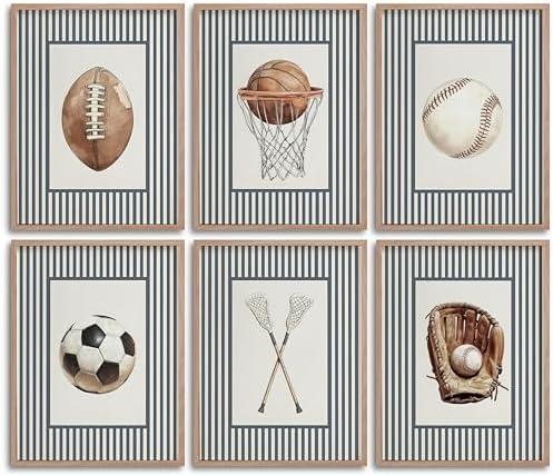 BVVEYKXX 6Pcs Vintage Sport Themed Framed Wall Art Retro Ball Sport Boy's Room Wall Decor, Children's Room Baseball Football Soccer Basketball Canvas Prints Picture for Kids Room Nursery Decor 8x10in