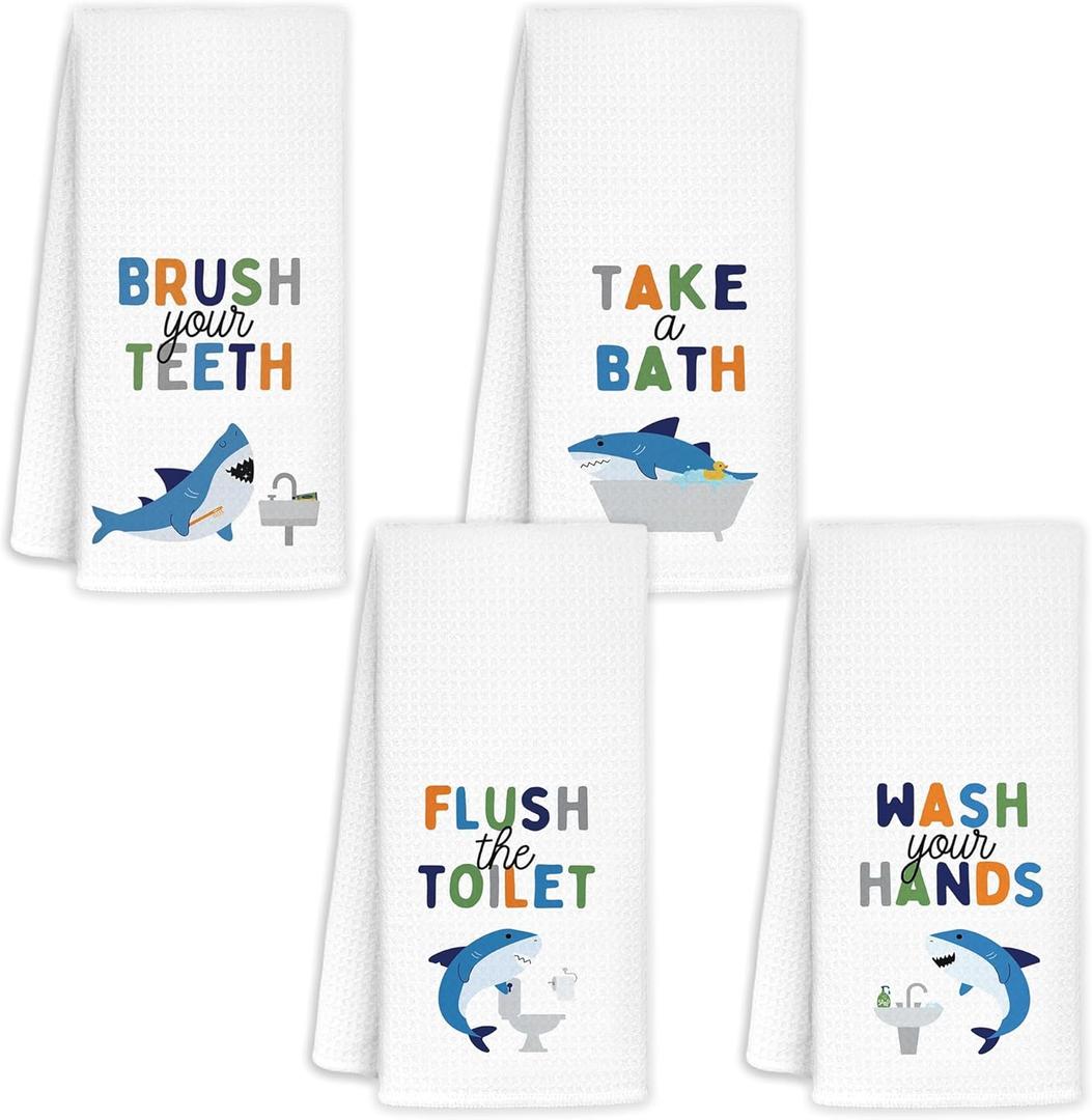 Shark Towels for Kids, Shark Kids Bath Decorative Towels 16x24 Sets of 4 - Toddler Boys Girls Bathroom Decor, Wash Your Hands Bathroom Decor
